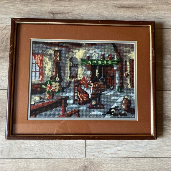 Vintage needlepoint cross stitch wall art cottage fireplace scenes - Picture 6 of 9